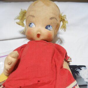 RARE ANTIQUE CLOTH DOLL 22" w/ YELLOW HAIR PIC & OUTFIT PAINTED FACE CREEPY WORN